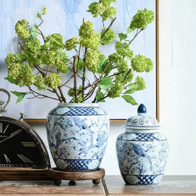 Jarra de jengibre de porcelana azul y blanca de cerámica decorativa de artículos para el hogar antiguos chinos